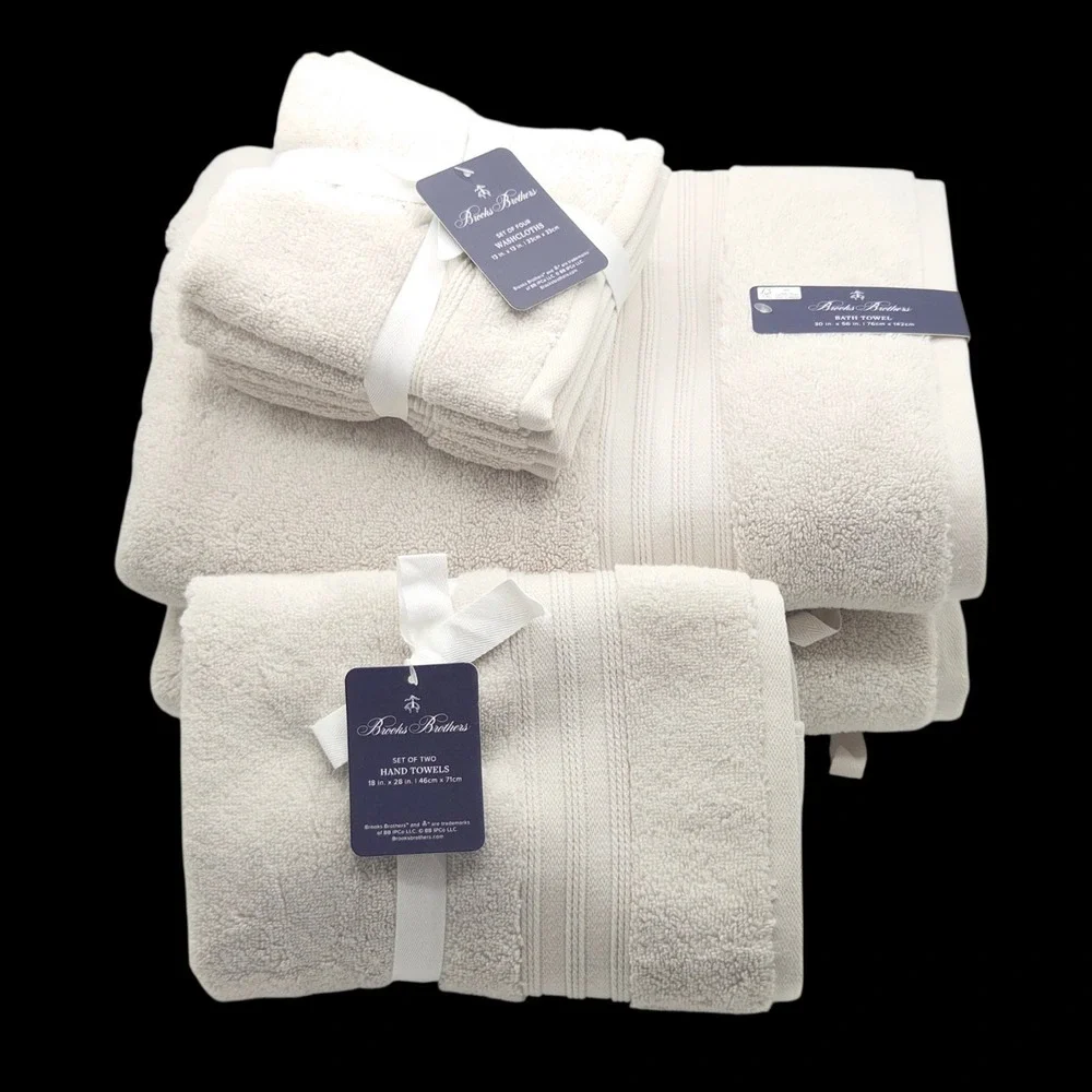 Brooks Brothers 8pc Sand Greige Cotton‎ Towel Set 2 Bath 2 Hand 4 Washcloths